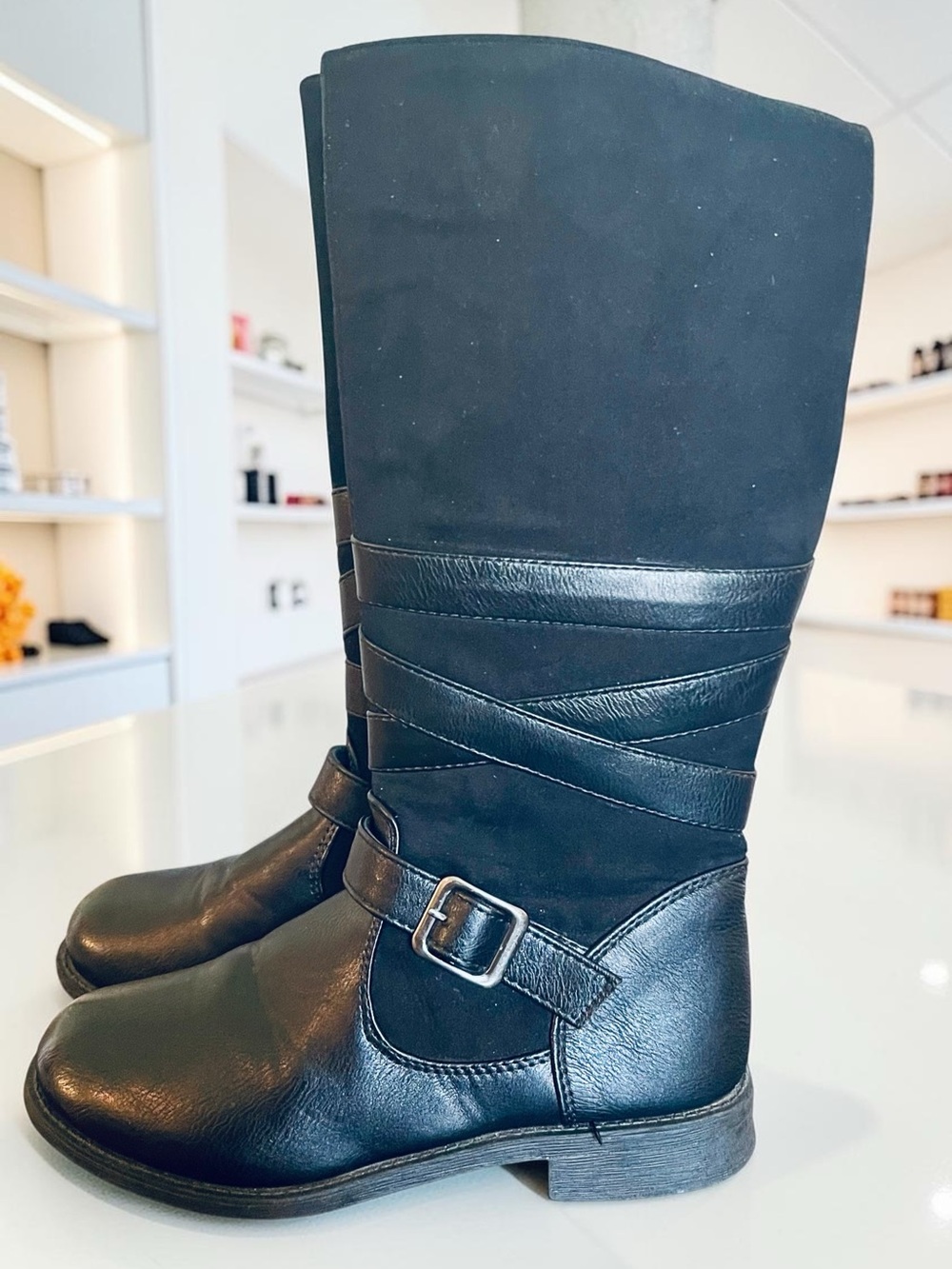 Rachel Shoes Lil Berkley Girls Black Riding Boots Faux Suede Buckle Knee High 3
